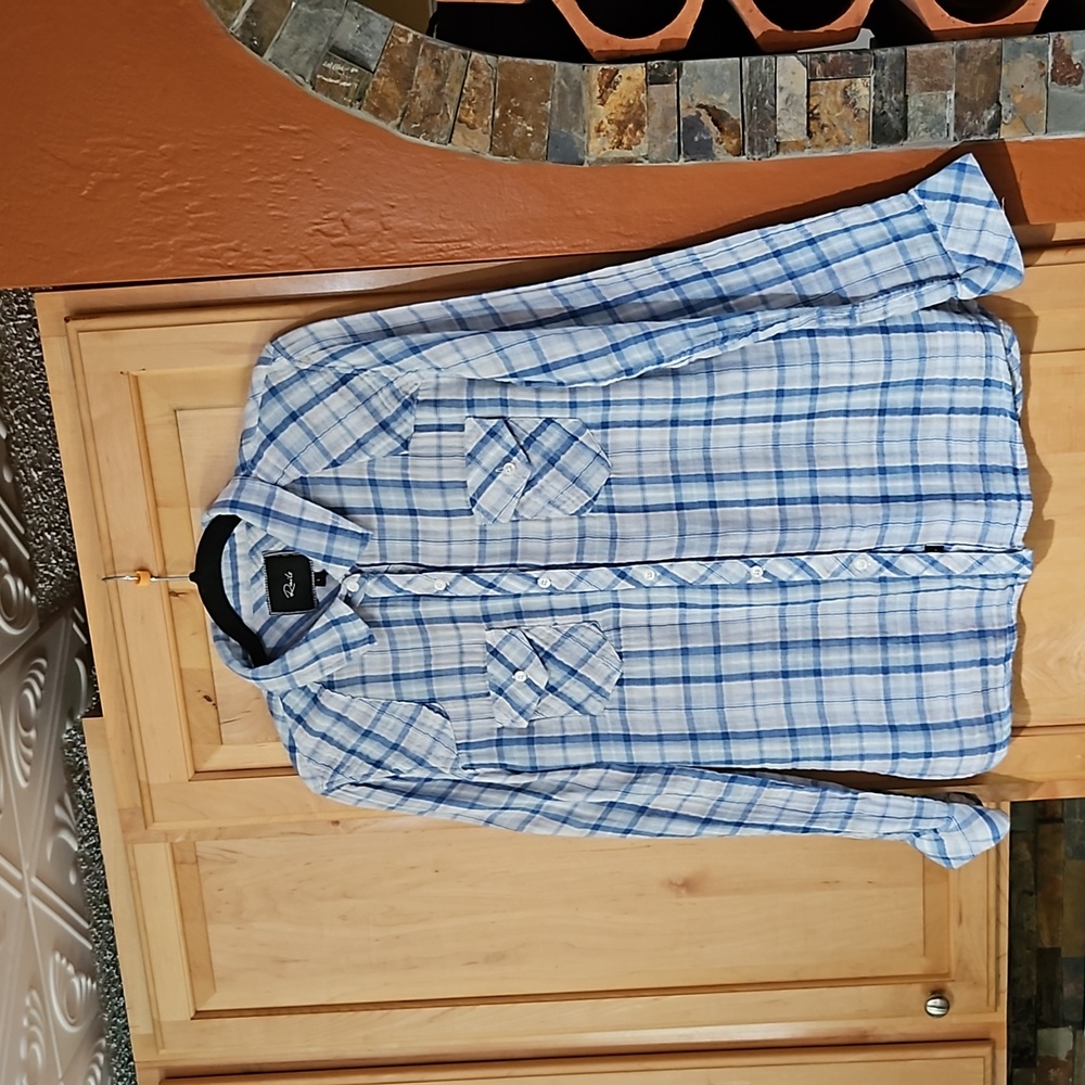 Rails Kendra Blue White Plaid Print Long Sleeve Button Up Top Shirt Pockets